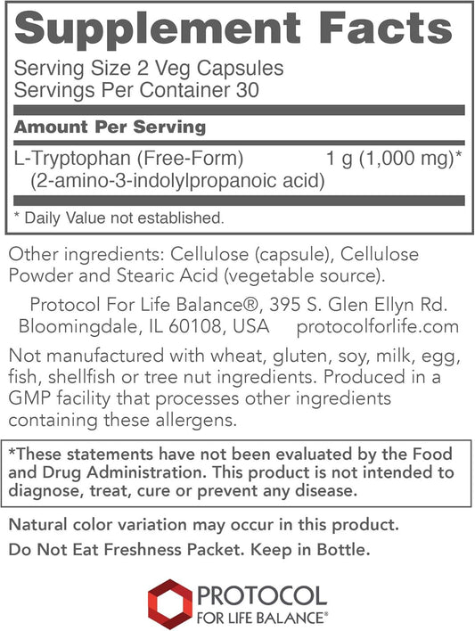 Protocol L-Tryptophan 500mg - Mood Support, Stress Relief, and Relaxation - 60 Veg Caps