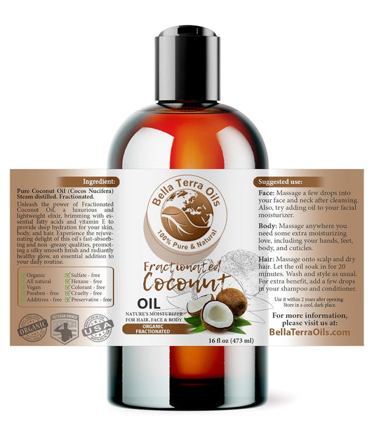 Bella Terra Oils - Liquid Organic Fractionated Coconut Oil 16Oz - The Ideal Mix Of Mcts & Fatty Acids, A Lustrous Elixir For Daily Skin Care