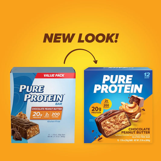 Pure Protein Bars, High Protein, Nutritious Snacks To Support Energy, Low Sugar, Gluten Free, Chocolate Peanut Butter, 1.76Oz, 12 Count (Packaging May Vary)