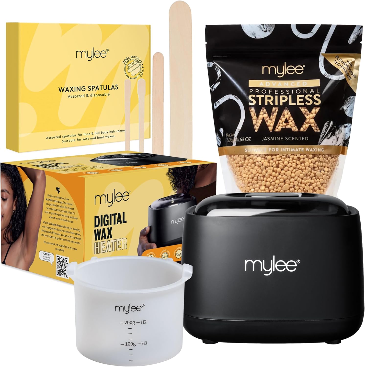 Mylee Advanced Wax Kit - Complete Professional Home Waxing Solution For Silky Smooth Skin - Includes Digital Wax Heater, Jasmine Scented Stripless Hard Wax & 200X Assorted Disposable Wooden Spatulas