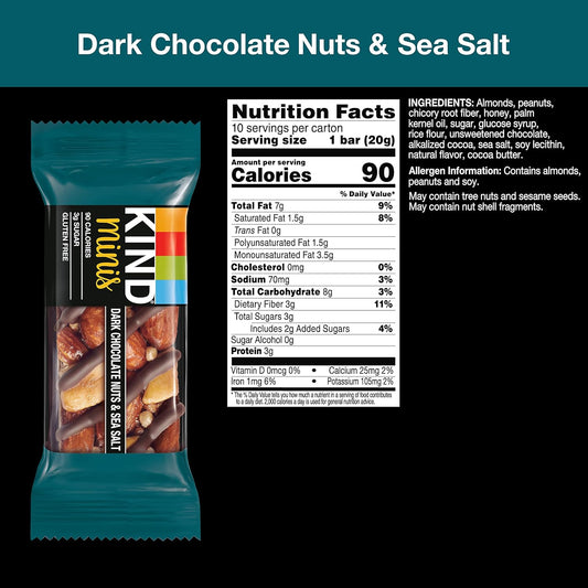 Kind Minis, Dark Chocolate Nuts & Sea Salt, Healthy Snacks, Gluten Free, Low Calorie Snacks, Low Sugar, 10 Count