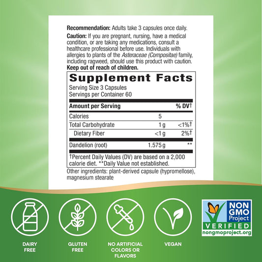 Nature'S Way Dandelion Root, Traditional Diuretic Herb*, Traditionally Used To Soothe Digestive Upset*, Vegan, 180 Capsules (Packaging May Vary)