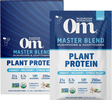 Om Mushroom Superfood Master Blend Mushrooms & Adaptogens, Creamy Vanilla Plant Protein, Single Serve, 10 Count, 10 Mushroom Complex, Lion'S Mane, Ashwagandha For Energy, Recovery, Stress Relief