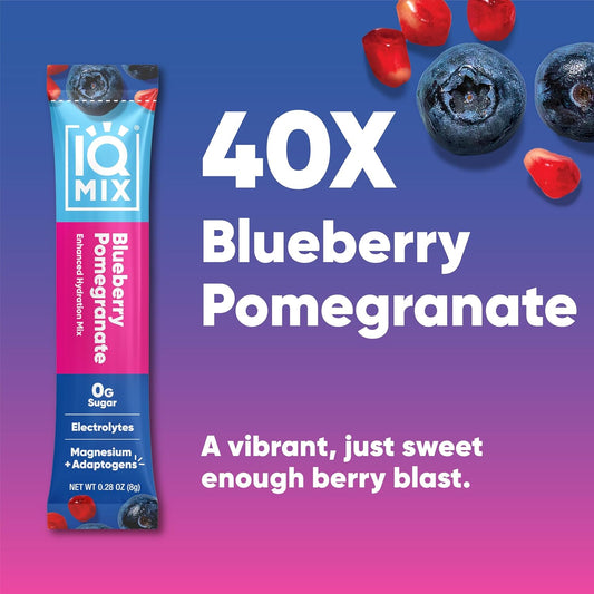 Iqmix Sugar Free Electrolytes Powder Packets - Hydration Supplement Drink Mix With Keto Electrolytes, Lions Mane, Magnesium L-Threonate, And Potassium Citrate - Blueberry Pomegranate (40 Count)