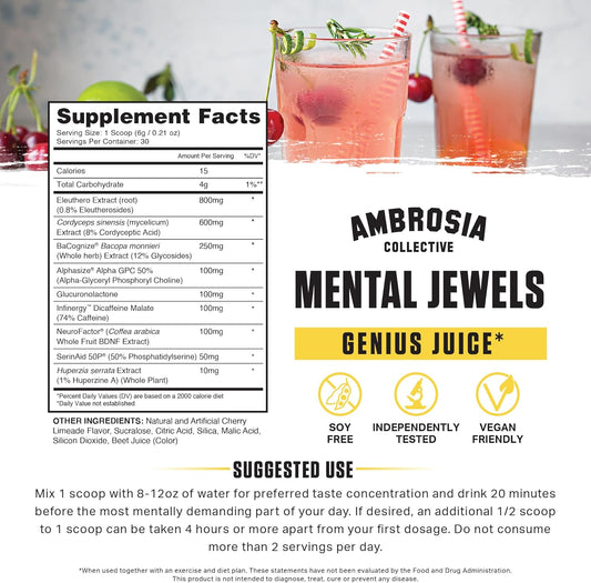 Ambrosia Mental Jewels Powder - Cognitive Enhancer | Increase Memory, Communication Skills, Concentration & Focus | Decrease Reaction Time | Alpha Gpc, Choline, Bacognize | 30 Servings| Cherry Limeade