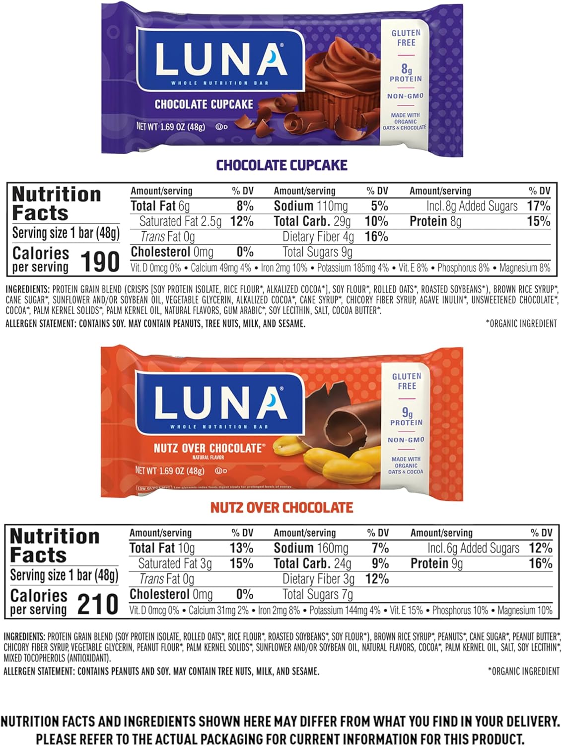 LUNA Bar - Variety Pack - Nutz Over Chocolate and Chocolate Cupcake - Gluten-Free - Non-GMO - 8-9g Protein - Made with Organic Oats - Low Glycemic - 1.69 oz. (12 Count) : Grocery & Gourmet Food