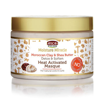 African Pride Moisture Miracle Moroccan Clay & Shea Butter Heat Activated Masque - For Natural Coils & Curls, Detoxes & Softens, Removes Impurities & Product Build-Up from Hair 12 oz