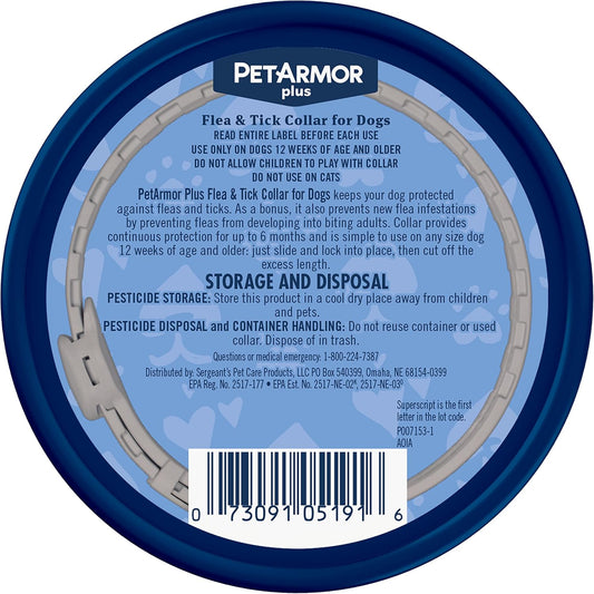 Petarmor Plus Flea & Tick Collar For Dogs, Kills Fleas & Ticks, Long Lasting Protection For 6 Months, Water Resistant, One Size Fits All, 1 Collar