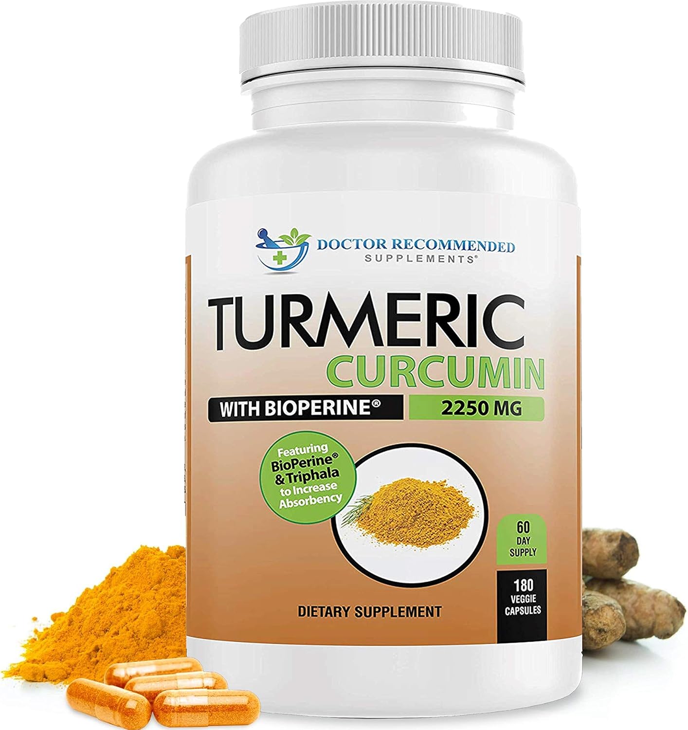 Turmeric Curcumin Supplement - 2250Mg/D - Veggie Caps - 95% Curcuminoids With Black Pepper Extract (Bioperine) - 750Mg Capsules - 100% Organic - Most Powerful Turmeric (180 Count)