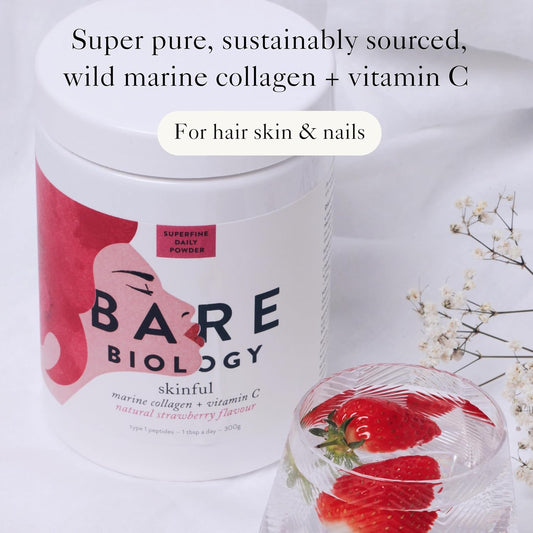 Bare Biology Collagen Powder + Vitamin C, 300g/60 Servings, Strawberry Flavour - Skinful Pure Marine Collagen for Skin, Muscles, Hair, Nails, Joints & Bones - Super Strength Type 1 Peptides