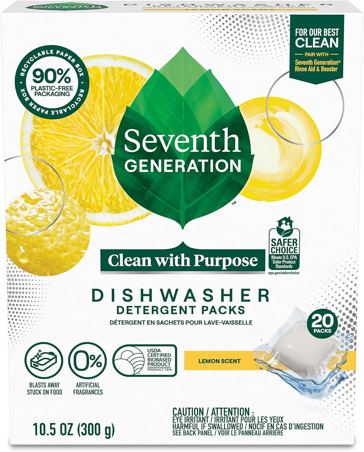 Seventh Generation Dishwasher Detergent Pods, Lemon Scent, Blasts Away Stuck-On Food, 20 Pods