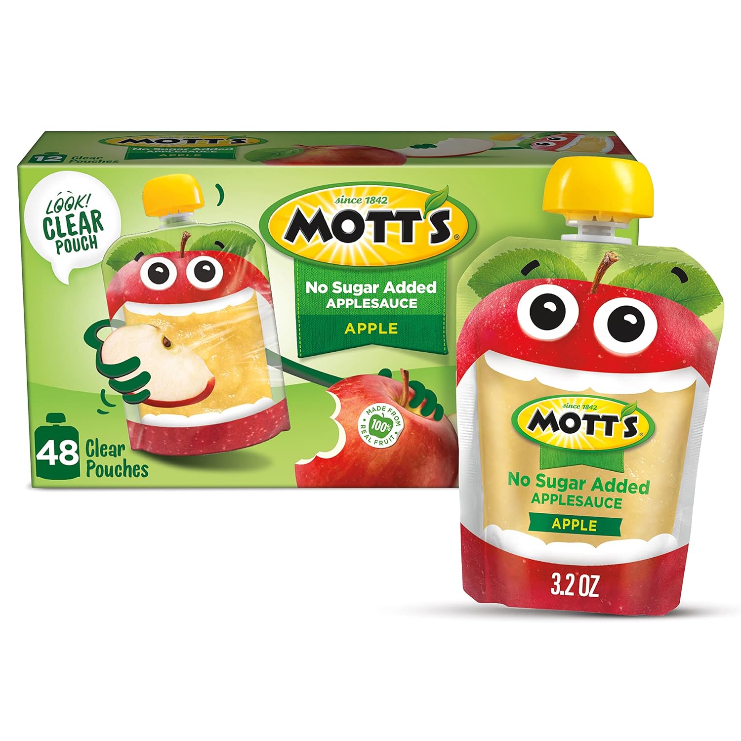 Mott'S No Sugar Added Applesauce, 3.2 Oz Clear Pouches, 48 Count (4 Packs Of 12), Good Source Of Vitamin C, No Artificial Flavors