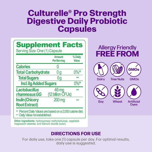 Culturelle Pro Strength Daily Probiotics For Digestive Health (2 Month Supply) With Prebiotics For Women & Men, Supports Occasional Diarrhea, Gas & Bloating, Gluten & Soy Free, 60 Count