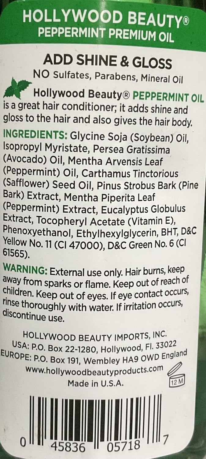 Hollywood Beauty Peppermint Hair Oil, 8Oz Bottle, Conditions Both Hair And Skin, Natural Treatment That Dries Itchy Scalps & Moisturizes Hair & Skin, Omega-3 Fatty Acids, Vitamin A & C : Beauty & Personal Care