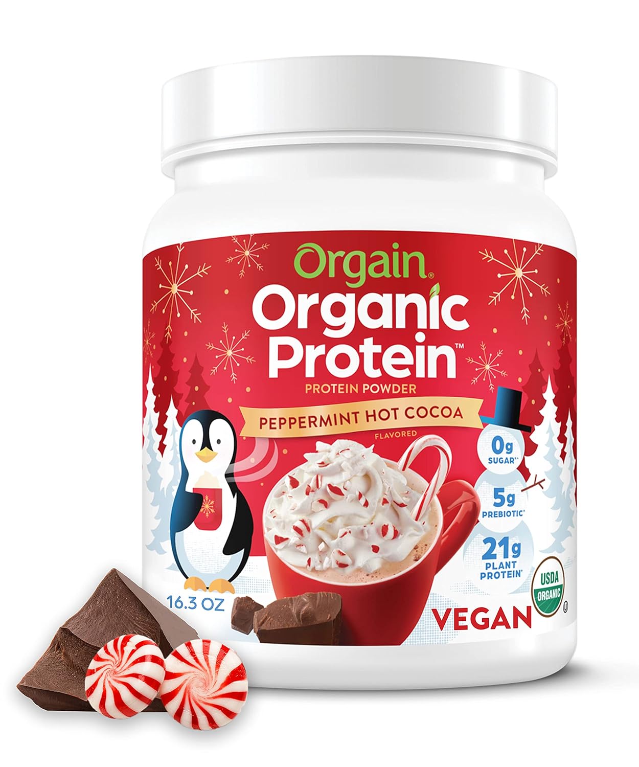 Orgain Organic Vegan Protein Powder, Peppermint Hot Cocoa Holiday Flavor - 21G Of Plant Protein, 5G Prebiotic Fiber, No Lactose Ingredients, No Added Sugar, Non-Gmo, For Shakes & Smoothies, 1.02 Lb