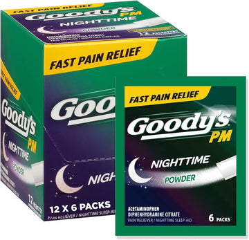 Goody's PM Nighttime Powder, Acetaminophen 500mg, Dissolve Packs for Pain with Sleeplessness, 6 Individual Packets, 12 Pack