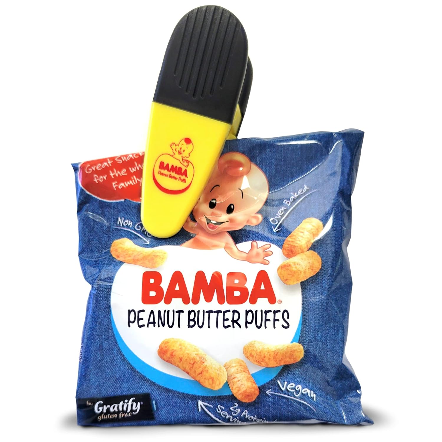 Osem Gratify Bamba Peanut Butter Snacks Bundle With Bag Clip - All Natural Peanut Butter Corn Puffs Snacks (24 Ct 0.7Oz Bags And Bamba Bag Clip)