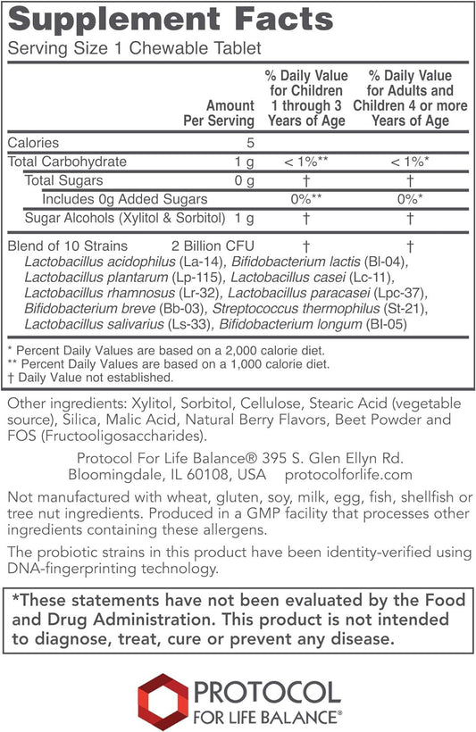 Protocol Chewable Probiotic - 2 Billion CFU - Digestive Health & Immune System Support* - Xylitol & Sorbitol Sweetened - with Lactobacillus Rhamnosus Probiotic - Halal & Vegan - 90 Chewables