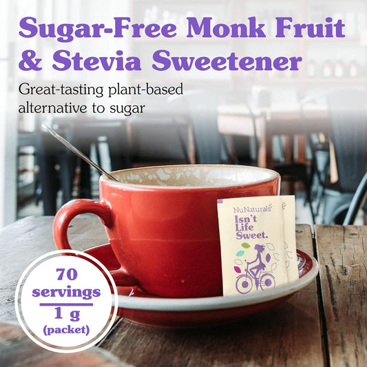 Nunaturals Organic Sweetener Stevia & Monk Fruit, Sugar-Free Plant-Based Sugar Substitute, 70 Count