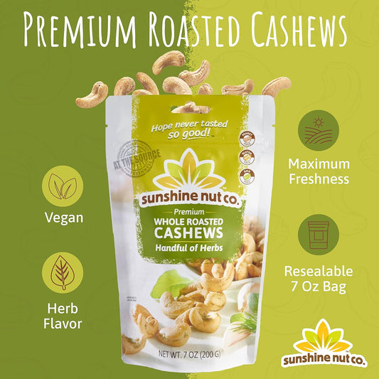Sunshine Nut Company Whole Roasted Lightly Salted Cashews, Handful Of Herbs Flavor, 6 Pack, 7 Oz. Each, Gluten Free, Peanut Free And Vegan Individual Snack Packs For Kids And Adults, Gmo Free