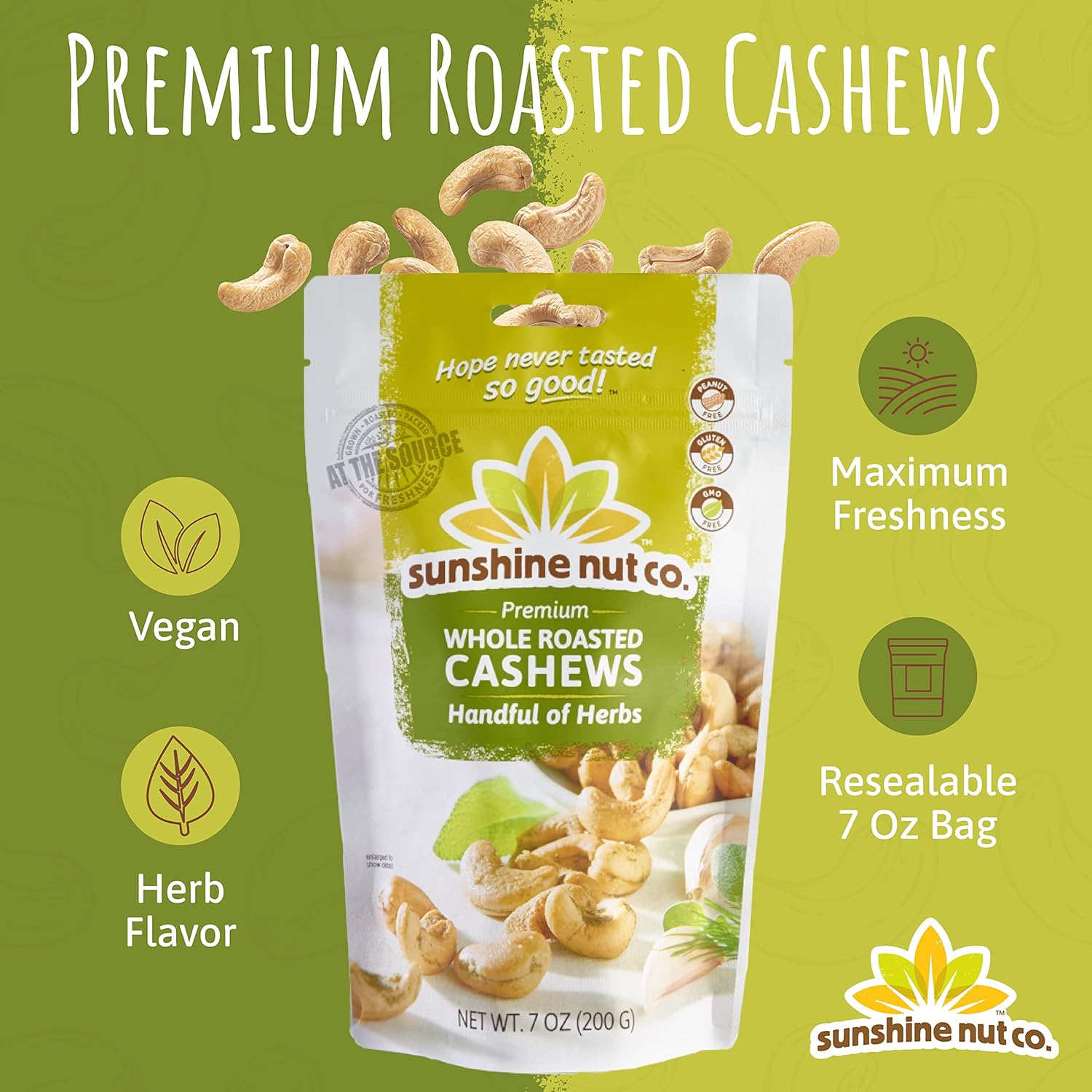 Sunshine Nut Company Whole Roasted Lightly Salted Cashews, Handful Of Herbs Flavor, Single 7 Oz. Bag, Gluten Free, Peanut Free And Vegan Individual Snack Packs For Kids And Adults, Gmo Free : Grocery & Gourmet Food