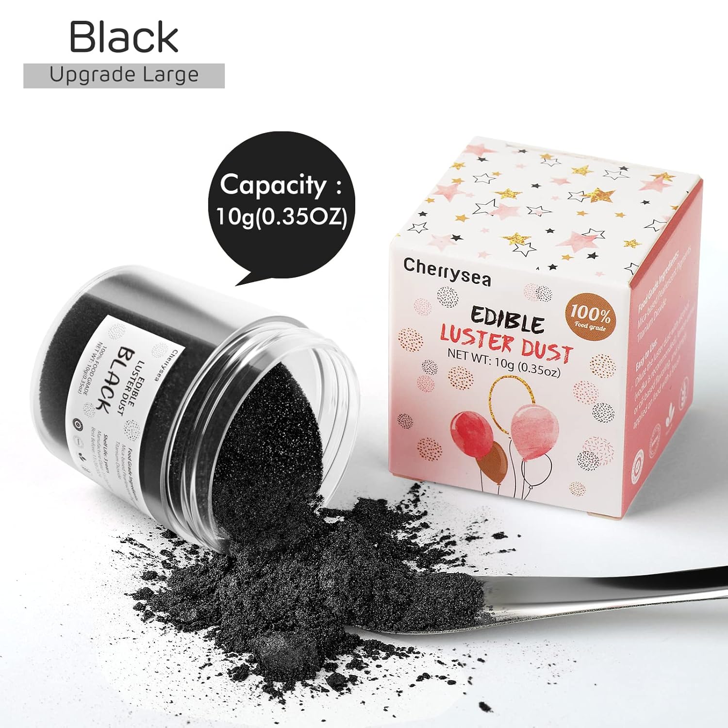 Black Edible Luster Dust 10 Grams, Food Grade Cake Luster Dust Tasteless Dessert Dusting Powders For Baking Cherrysea Food Coloring Powder For Cupcakes, Cake Pops,Fondant,Chocolate, Candy