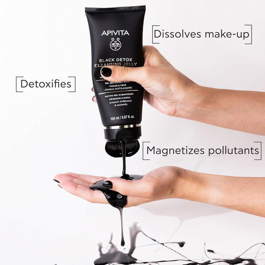 Apivita Black Detox Cleansing Jelly | Detoxifying Face & Eye Cleansing Gel With Activated Charcoal & Propolis, 150 Ml / 5.07 Oz