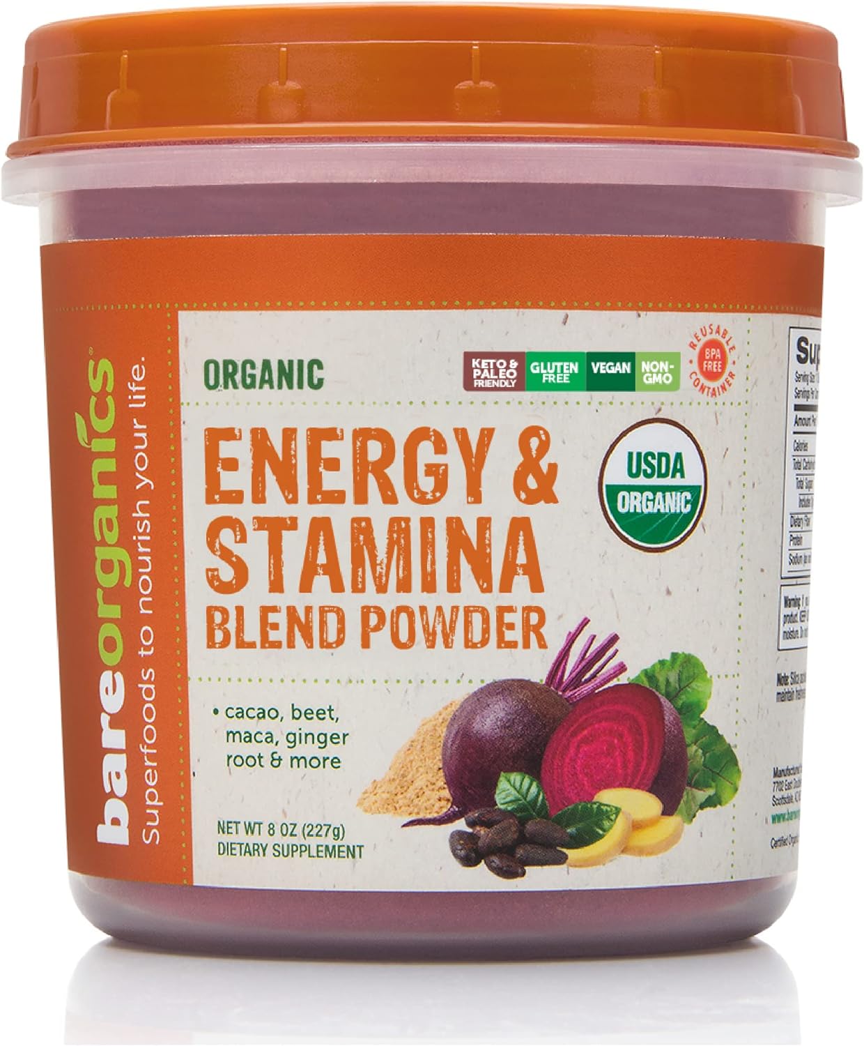 BareOrganics Energy & Stamina Blend Powder, Organic Superfood, Vegan D