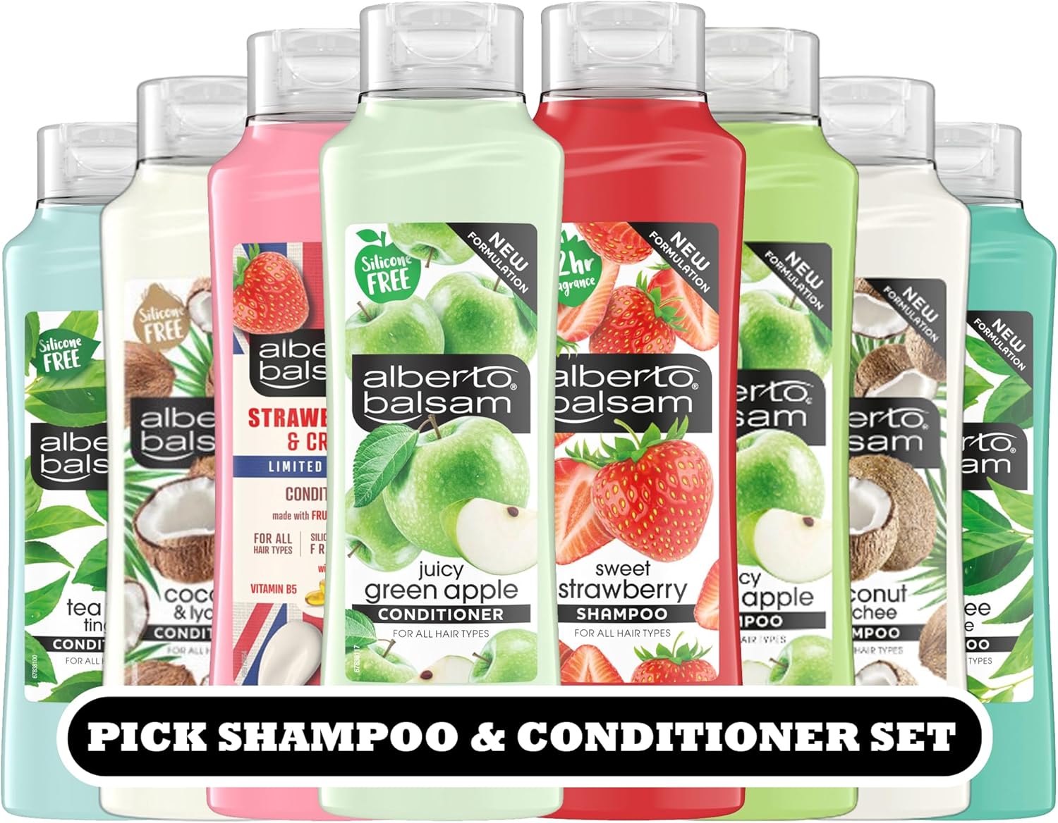 Alberto Balsam Create Your Own Shampoo & Conditioner Set – Pick Any Combination – Juicy Green Apple, Sweet Strawberry, Coconut, Tea Tree & More – Silicone Free – For All Hair Types – 350Ml Bottles
