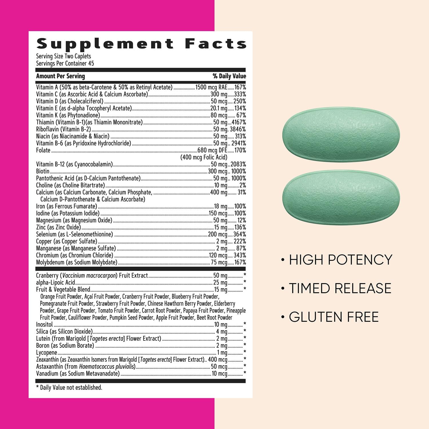 Gnc Women’S Ultra Mega Multivitamin Caplets, Clinically Proven To Feel Better, Immune Support, Vitamin A, B, C, D, Iron, Biotin, Beauty, Gluten Free, Timed Release, 90 Ct, 45 Svgs : Health & Household