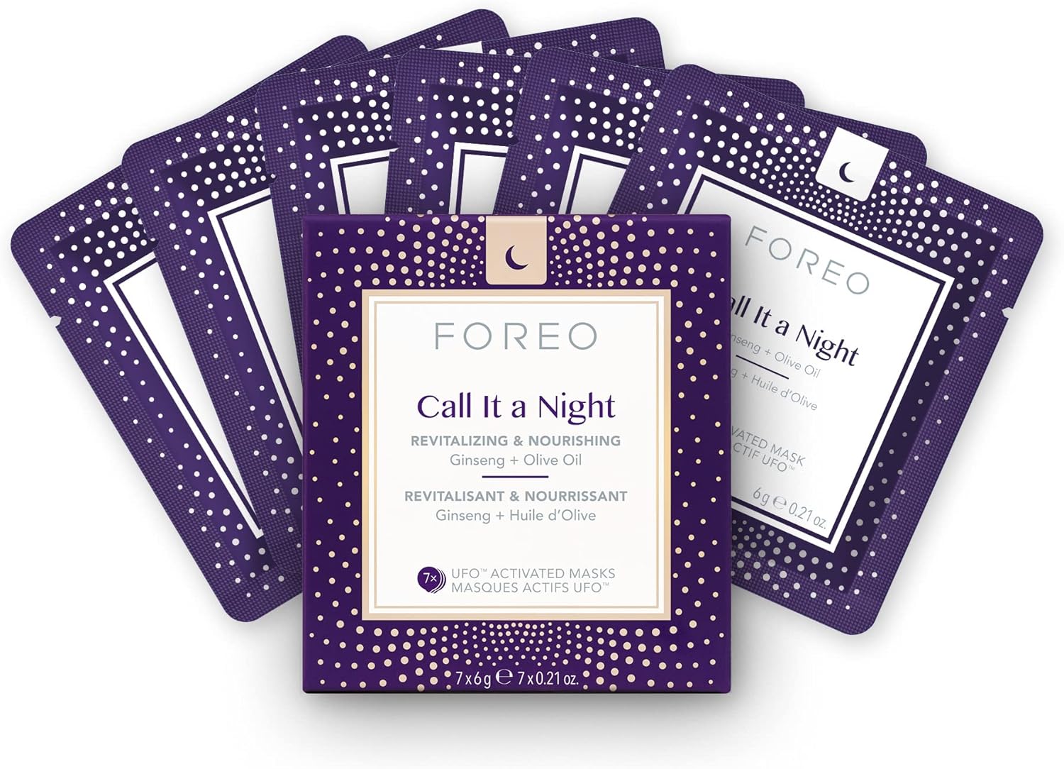 Foreo Call It A Night Ufo Activated Facial Mask For Dryness & Fine Lines, 7 Pack, Revitalizing & Nourishing, Ginseng & Olive Oil, Clean Formula, Cruelty-Free, Compatible With All Ufo Devices