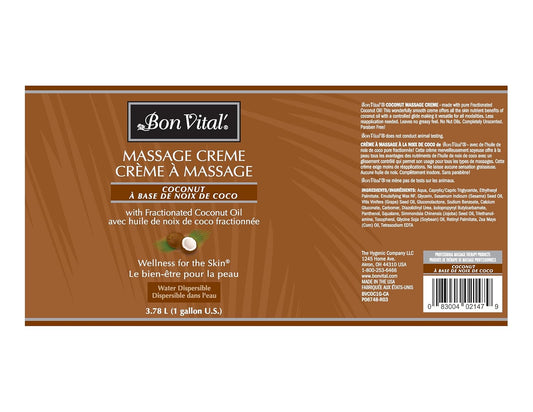 Bon Vital' Coconut Massage Creme With 100% Pure Fractionated Coconut Oil, Massage Cream & Moisturizer To Repair Dry Skin, No Greasy Feel, Professional Massage Anti-Aging Cream, 1 Gal, Label May Vary