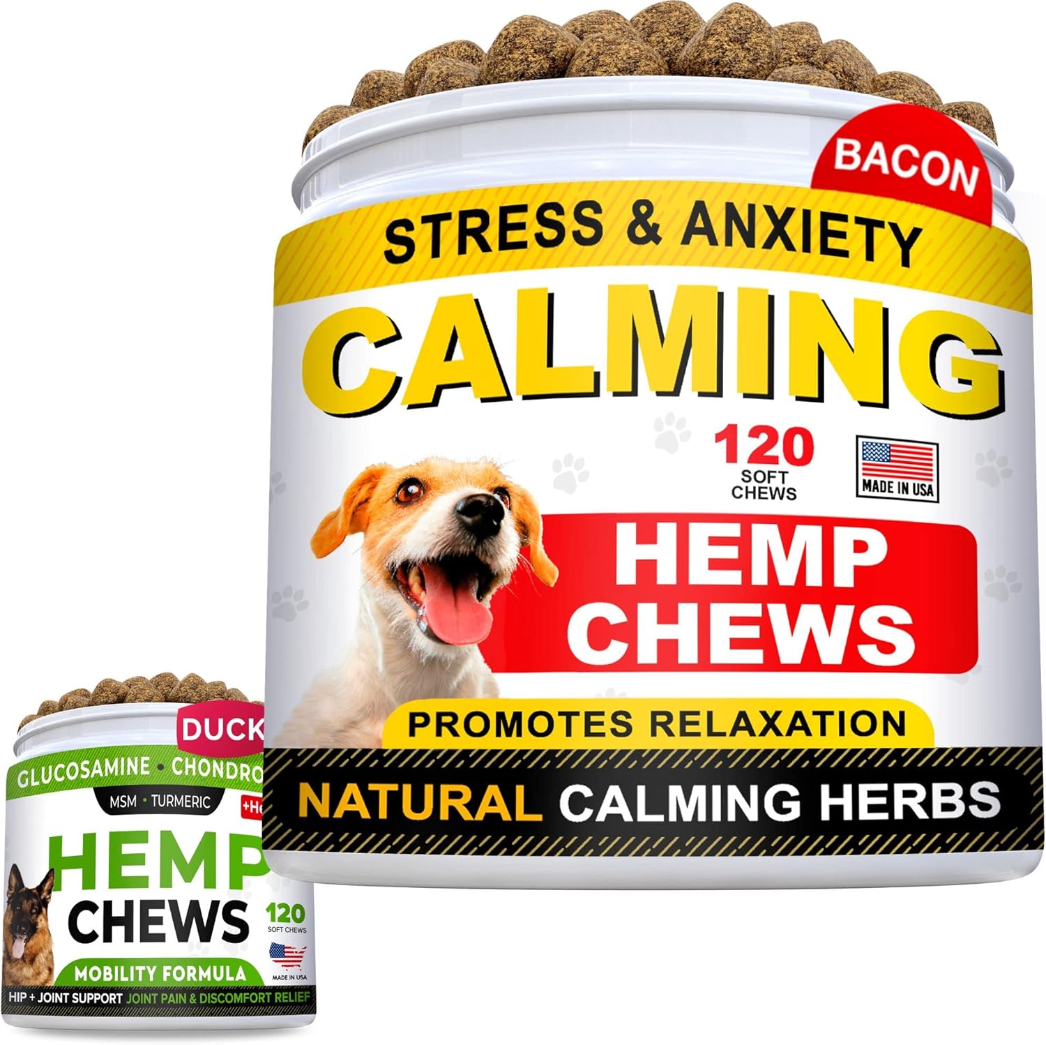 Hemp Calming Treats + Glucosamine For Dogs Bundle - Anxiety Relief + Joint Pain Relief - Hemp Oil + Protein, Chondroitin, Msm, Turmeric - Stress Relief + Improve Mobility & Energy - 240 Chews