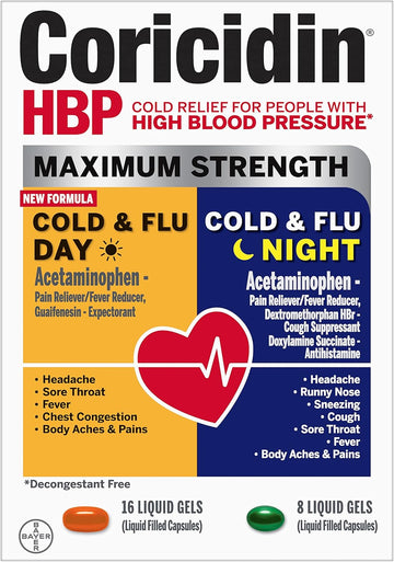 Coricidin Hbp, Decongestant-Free Cold Symptom Relief For People With High Blood Pressure, Maximum Strength Cold & Flu Day + Night Liquid Gels, 24 Count