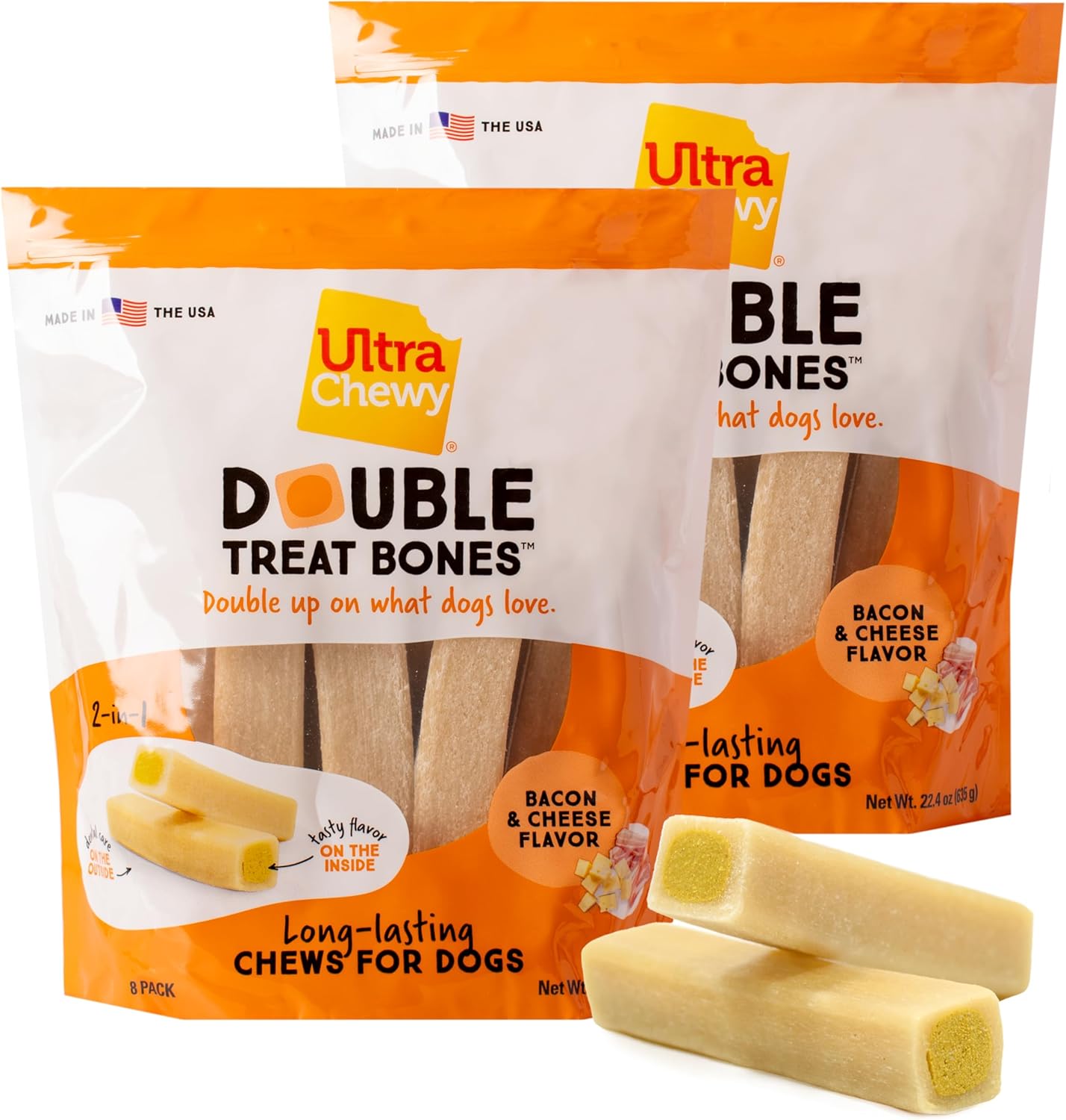 Ultra Chewy Double Treat Bones: Long-Lasting Dog Treats Made In Usa For Large And Small Breeds, Highly Digestible, Ideal For Aggressive Chewers (Bacon & Cheese, 2 Value Packs)