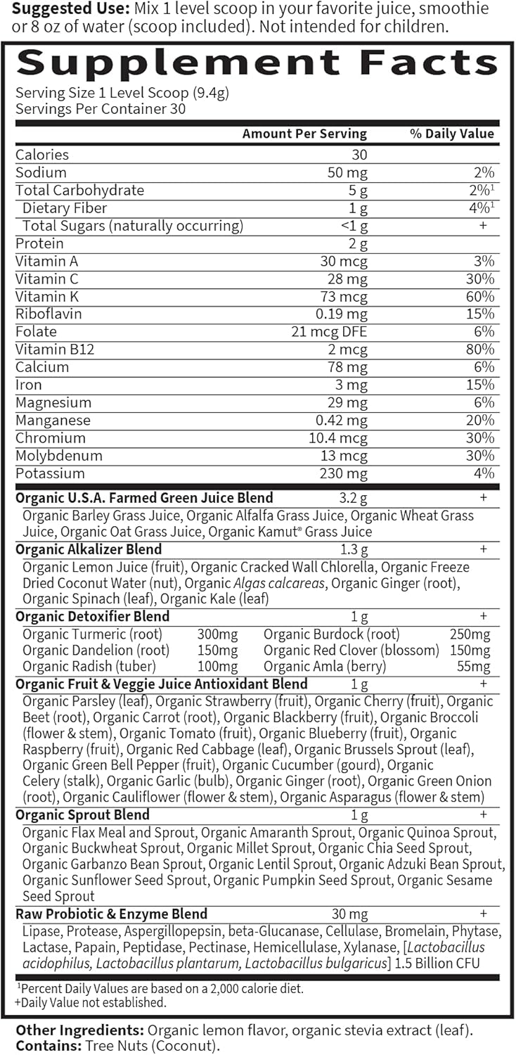 Garden of Life Raw Organic Perfect Food Alkalizer & Detoxifier Juiced Greens Superfood Powder - Lemon Ginger, 30 Servings - Non-GMO, Gluten Free Whole Food Dietary Supplement, Plus Probiotics