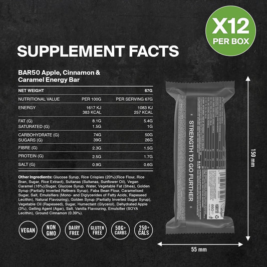 Energy Bars By Styrkr - Pack Of 12 Rice Bars For Cycling & Running - Apple, Cinnamon & Caramel Flavour - Approved By Endurance Athletes - 50G Of Carbs Via Advanced Dual-Carb Formulation - Bar50-12X