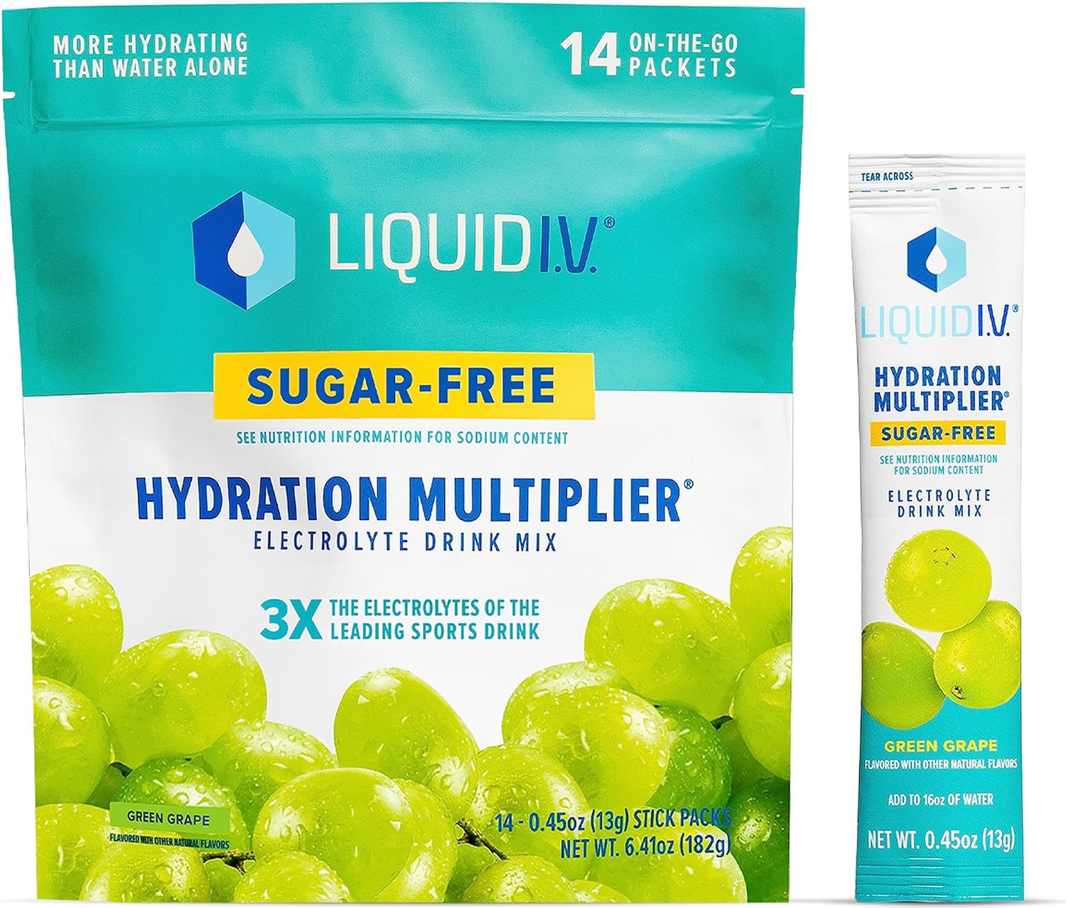 Liquid I.V. Sugar-Free Hydration Multiplier - Green Grape ? Hydration Powder Packets | Electrolyte Powder Drink Mix | Easy Open Single-Serving Sticks | Non-GMO | 1 Pack (14 Servings)