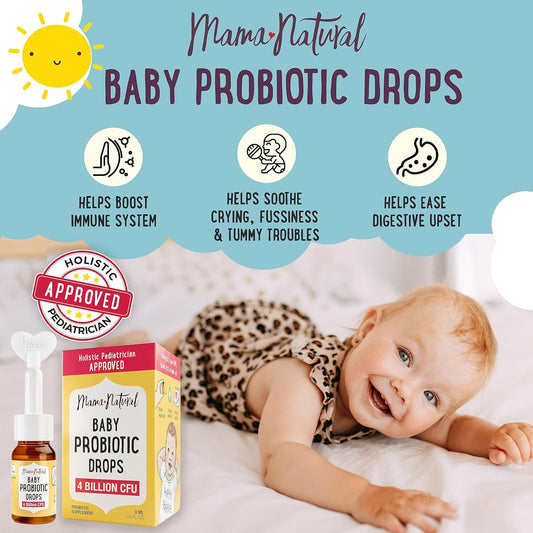 Mama Natural Baby Probiotic Drops (0.28 Fl Oz) | 4 Billion Cfu Pediatrician-Tested Infant Probiotic Helps With Colic Relief For Newborns & Constipation Ease For Infants - Unflavored Baby Gas Drops