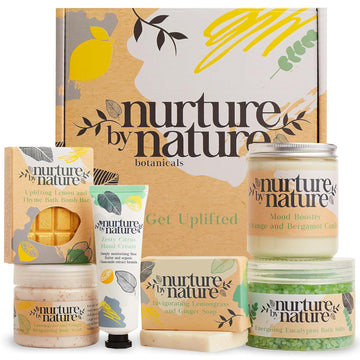 Nurture By Nature Relax & Uplift Spa Kit – Birthday Gifts For Women – 6-In-1 Self-Care Kit, Spa Gift Baskets For Women, Bath Sets Gift - Bath Salts, Body Scrub, Bath Bomb, Candle, Hand Cream, Soap