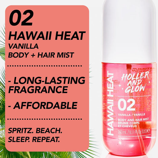 Holler & Glow Hawaii Heat Body & Hair Mist, Warm Vanilla, Peony & Amber Scent, Long-Lasting Daily Fragrance, Lightweight, Vegan, Cruelty-Free, Alcohol-Free, Hydrating Hair Perfume, 8.11 Fl Oz