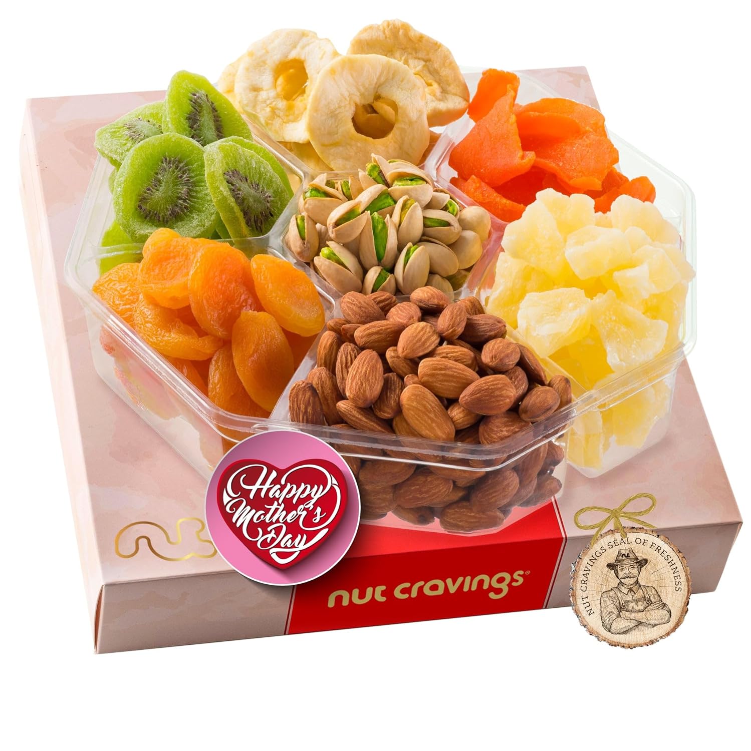 Nut Cravings Gourmet Collection - Mothers Day Dried Fruit & Mixed Nuts Gift Basket in Red Box (7 Assortments, 2 LB) Arrangement Platter, Birthday Care Package - Healthy Kosher