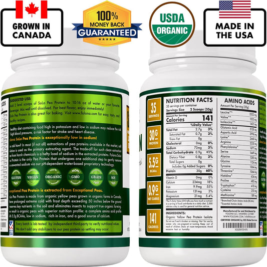 Solo Organic Pea Protein Isolate, Low In Sodium, Canada Grown Peas, 100% Vegan, Non-Gmo, Unflavored Plant Based Protein Powder With Bcaa, Keto & Paleo Friendly, Easy To Digest, No Additives (2.7 Lbs)