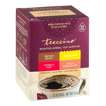 Teeccino Herbal Tea Sampler Assortment - Maca Chocolaté, French Roast, Hazelnut, Vanilla Nut - Roasted Caffeine Free Herbal Tea, Prebiotic For Natural Energy, 12 Tea Bags