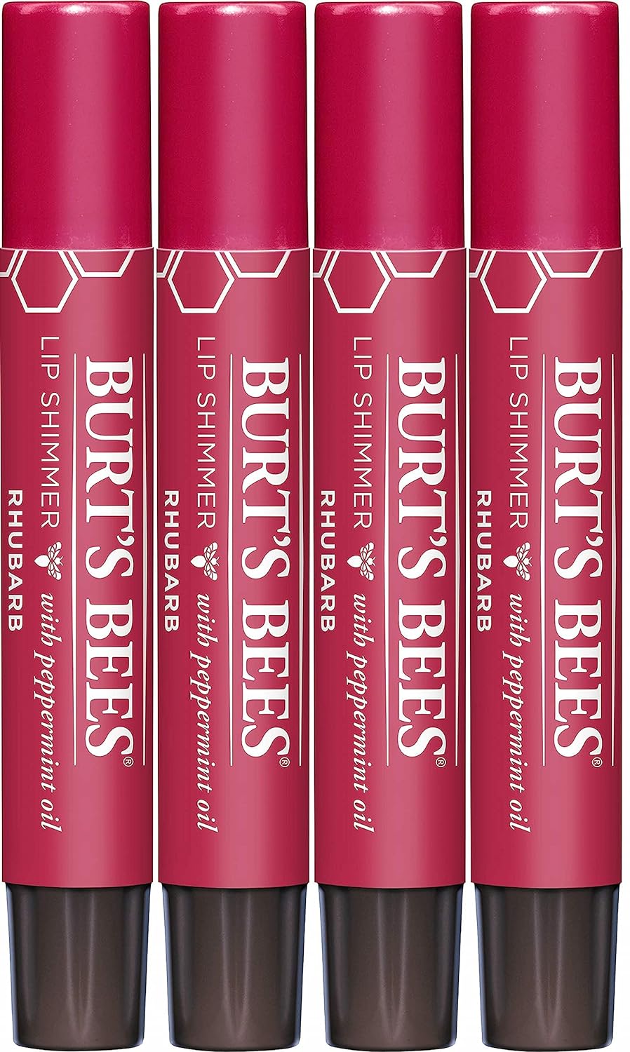 Burt's Bees Shimmer Lip Tint Set, Mothers Day Gifts for Mom Tinted Lip Balm Stick, Moisturizing for All Day Hydration with Natural Origin Glowy Pigmented Finish & Buildable Color, Rhubarb (4-Pack)