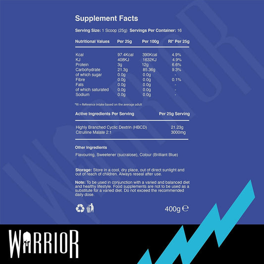 Warrior Cyclic Dextrin 400g - Advanced Pre and Intra-Workout Carbohydrate Source - 16 Servings (Blazin' Blue Razz) : Amazon.co.uk: Health & Personal Care