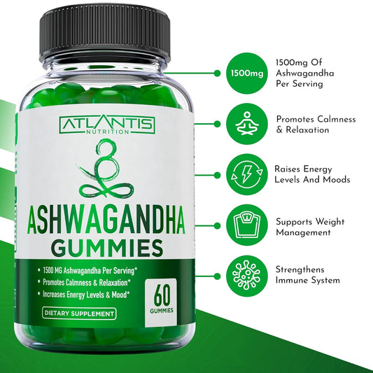 Atlantis Nutrition Ashwagandha Gummies - 1500 Mg Per Serving - Promotes Calmness, Improves Mood, Boosts Energy Levels & Strengthens Immune System - Formulated With Vitamin D & Zinc - Vegan | 60 Count