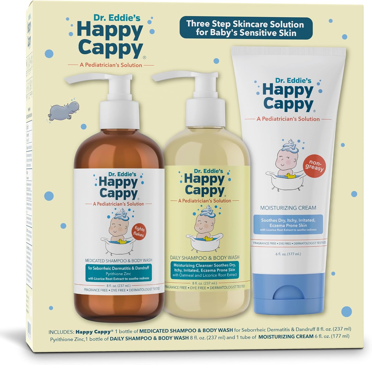 Happy Cappy Dr. Eddie'S 3 Step Skincare Solution For Baby'S Sensitive Skin | For Cradle Cap, Seborrheic Dermatitis, Dandruff, Dry, Itchy, Irritated, Eczema Prone Skin, Gift Box Set, 3 Pieces