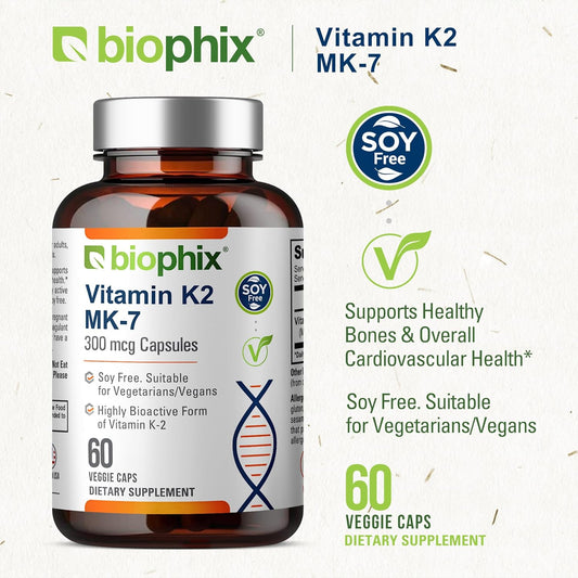 Biophix Vitamin K2 Mk-7 300Mcg, 60 Vegan Capsules – High-Potency Supplement For Bone Strength And Immune Health