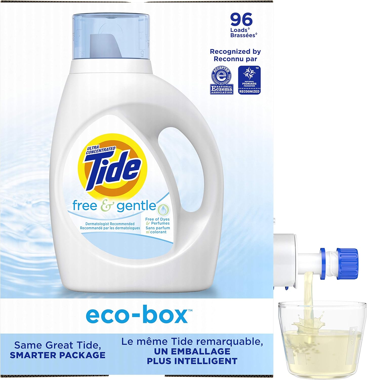 Tide Free And Gentle Eco-Box Laundry Detergent Liquid Soap, Ultra Concentrated He, 96 Loads - Unscented And Hypoallergenic For Sensitive Skin, Free And Clear Of Dyes And Perfumes